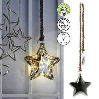 LED Stern Juteseil zum Aufhängen 10/15 LEDs Timer Ø:10/15cm anthrazit verspiegelt Leuchtstern Glasstern Weihnachtsstern Fensterdeko