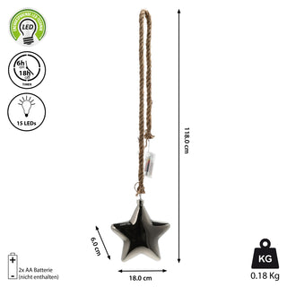 LED Stern Juteseil zum Aufhängen 10/15 LEDs Timer Ø:10/15cm anthrazit verspiegelt Leuchtstern Glasstern Weihnachtsstern Fensterdeko