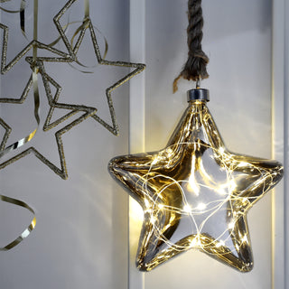 LED Stern Juteseil zum Aufhängen 10/15 LEDs Timer Ø:10/15cm anthrazit verspiegelt Leuchtstern Glasstern Weihnachtsstern Fensterdeko