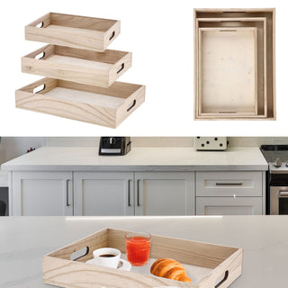 Serviertablett 3er Set 3 Größen Holz Paulownia Sperrholz Griffe Tablett Frühstückstablett Dekotablett