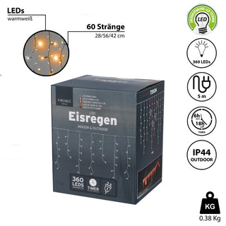 Lichterkette Eisregen 360 LEDs 12m 60 Stränge Timerfunktion transparent warmweiß Weihnachtsbeleuchtung Outdoorbeleuchtung Dekobeleuchtung