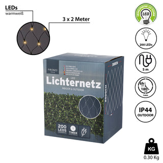 Lichternetz Lichterkette 200 LEDs 3x2m Timer transparent warmweiß Timerfunktion warmweiß Weihnachtsbeleuchtung Outdoorbeleuchtung Dekobeleuchtung