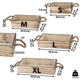 Pflanzkasten mit Henkel 4er Set geflammt Platanenholz Jute Folieninlay