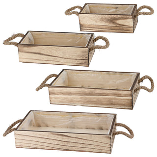 Pflanzkasten mit Henkel 4er Set geflammt Platanenholz Jute Folieninlay