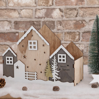 Holzkiste Weihnachten Häuser Dekokiste Xmas Sperrholz 28x21x12,5cm Weihnachtskiste Kiste Haus Häuserfront Weinachtsdeko