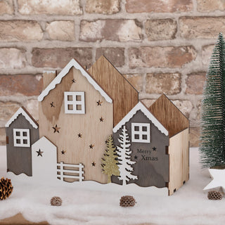 Holzkiste Weihnachten Häuser Dekokiste Xmas Sperrholz 28x21x12,5cm Weihnachtskiste Kiste Haus Häuserfront Weinachtsdeko