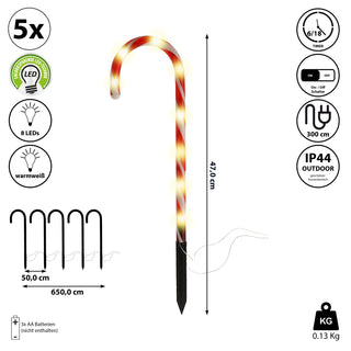 Lichterkette Zuckerstangen 5er Gartenstecker Timer 8 Leds H47cm Lichterkette Leuchtstangen Erdspieß