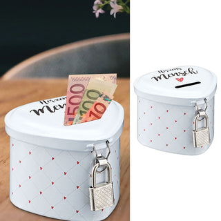 Spardose Herzensmensch mit Schloß Herzform weiß/grau Sparschwein Sparbüchse Herz Geschenk Spardose