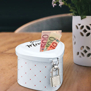 Spardose Herzensmensch mit Schloß Herzform weiß/grau Sparschwein Sparbüchse Herz Geschenk Spardose