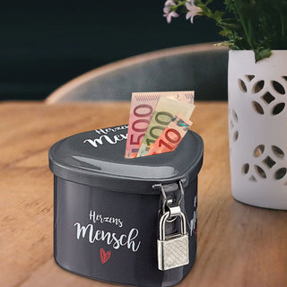 Spardose Herzensmensch mit Schloß Herzform weiß/grau Sparschwein Sparbüchse Herz Geschenk Spardose