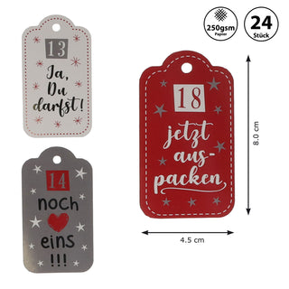 Adventskalender Anhänger-Set mit Sprüchen und Zahlen DIY Karten 4,5x8cm Papier 1-24 Weihnachten Adventszeit Kalender