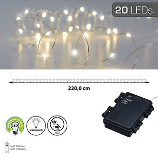 Lichterkette Outdoor 220cm 20 LED warmweiß Silberdraht batteriebetrieben Weihnachtsbeleuchtung Leuchtdraht