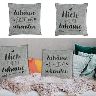 Kissen Filz 2er Set Spruch Zuhause hell-/dunkelgrau 38x38cm Kuschelkissen Sofakissen Dekokissen