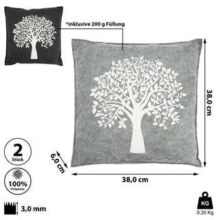 2x Kissen Aufdruck "Lebensbaum" hell dunkelgrau Filz quadratisch/rund 38x38cm Sofakissen Dekokissen