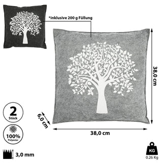 2x Kissen Aufdruck "Lebensbaum" hell dunkelgrau Filz quadratisch/rund 38x38cm Sofakissen Dekokissen