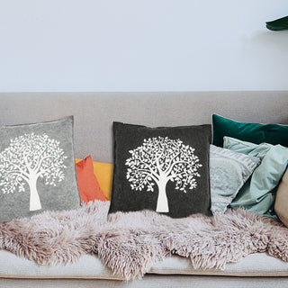 2x Kissen Aufdruck "Lebensbaum" hell dunkelgrau Filz quadratisch/rund 38x38cm Sofakissen Dekokissen