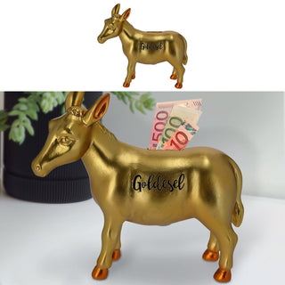 Spardose Goldesel 20,5x18,5x7,5cm Polyresin Einwurfschlitz gold Esel Sparbüchse Gelddose sparen Dukatenesel