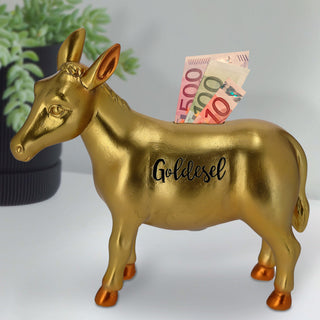 Spardose Goldesel 20,5x18,5x7,5cm Polyresin Einwurfschlitz gold Esel Sparbüchse Gelddose sparen Dukatenesel