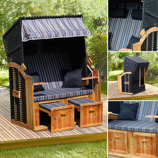 Strandkorb H160cm Rattan Stoff klappbare Tische und Rückenlehne Kissen Nackenkissen Fussstützen Strand Korb Sitzmöbel