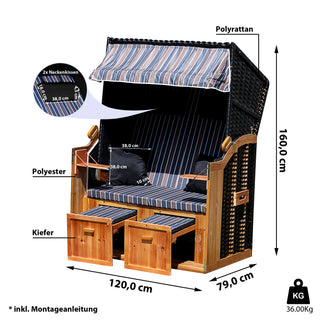 Strandkorb H160cm Rattan Stoff klappbare Tische und Rückenlehne Kissen Nackenkissen Fussstützen Strand Korb Sitzmöbel