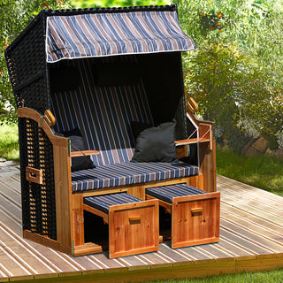 Strandkorb H160cm Rattan Stoff klappbare Tische und Rückenlehne Kissen Nackenkissen Fussstützen Strand Korb Sitzmöbel