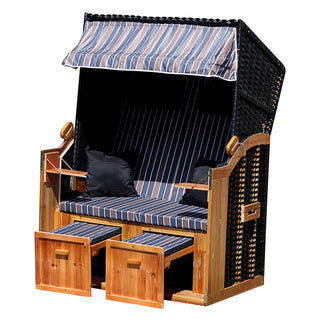 Strandkorb H160cm Rattan Stoff klappbare Tische und Rückenlehne Kissen Nackenkissen Fussstützen Strand Korb Sitzmöbel