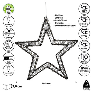 LED Stern Outdoor 800LEDs 36cm zum Aufhängen warmweiß Lichterkranz Weihnachtsdekoration Gartendekoration Timerfunktion Dimmer