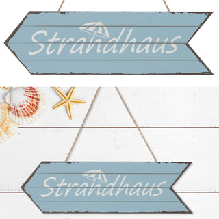 Türschild "Strandhaus"/"Beach Bar" 12x40x1cm Holz hellblau / türkis maritim Hinweisschild Richtungspfeil Türhänger Holzschild Dekoschild