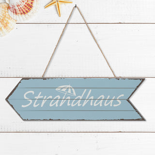 Türschild "Strandhaus"/"Beach Bar" 12x40x1cm Holz hellblau / türkis maritim Hinweisschild Richtungspfeil Türhänger Holzschild Dekoschild