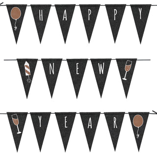 Girlande Happy New Year Wimpel Länge 2,8m Polyester Filz Fahne Wimpelkette Silvester Ballon Rakete Sektglas Metallprint