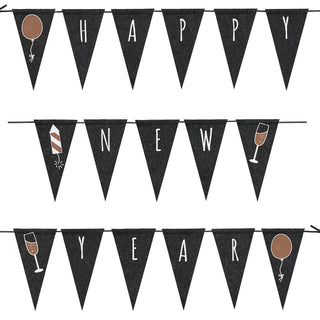 1/3x Girlande Happy New Year Wimpel Länge 2,8m Polyester Filz Fahne Wimpelkette Silvester Ballon Rakete Sektglas Metallprint