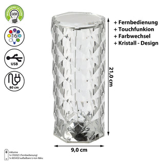 LED Tischlampe 9x21cm Kristalldesign Farbwechsel Touchfunktion Fernbedienung USB Kabel Lampe Dekoleuchte