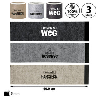 Toilettenbanderole 3er Set Filz L40cm 3 Sprüche mit Klettverschluss hellgrau creme anthrazit Toilettenrollenhülle Klopapier