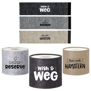 Toilettenbanderole 3er Set Filz L40cm 3 Sprüche mit Klettverschluss hellgrau creme anthrazit Toilettenrollenhülle Klopapier