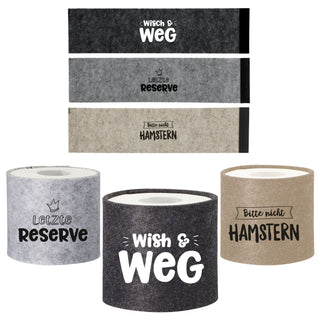 Toilettenbanderole 3er Set Filz L40cm 3 Sprüche mit Klettverschluss hellgrau creme anthrazit Toilettenrollenhülle Klopapier