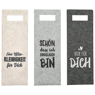 Flaschentasche 3er Set Filz H41cm 3 Sprüchen Tragegriff Geschenkverpackung Flaschentasche Filztasche