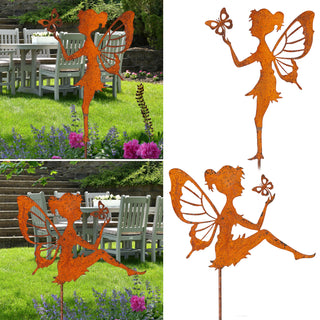 2x Gartenstecker Fee H57cm Rost-Design 2 Motive Zink Gartendekoration Blumentopfstecker