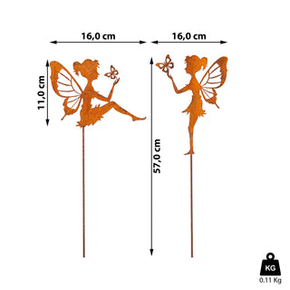 2x Gartenstecker Fee H57cm Rost-Design 2 Motive Zink Gartendekoration Blumentopfstecker
