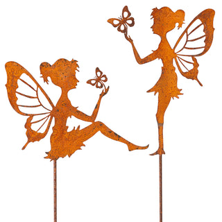 2x Gartenstecker Fee H57cm Rost-Design 2 Motive Zink Gartendekoration Blumentopfstecker