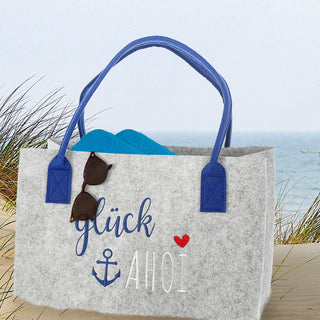 Filztasche Aufdruck Filz 40x26x26,5cm Henkel maritimer Look Stickereri Shopper Henkelkorb Tragetasche