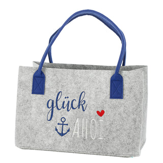 Filztasche Aufdruck Filz 40x26x26,5cm Henkel maritimer Look Stickereri Shopper Henkelkorb Tragetasche