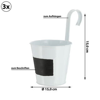 3x Übertopf weiß Ø15xH15cm Kräutertopf zum Aufhängen und Beschriften Blumentopf Blechtopf Topf Hängetopf