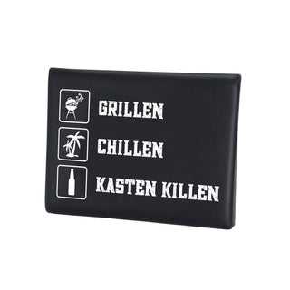 Bierkastensitz Spruch "Lieblingsplatz"/"Grillen,Chillen.." 43x33cm MDF Kunststoff Sitzpad Bierkastenhocker Sitzkissen