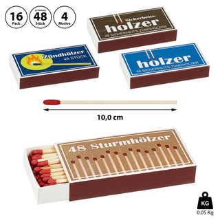 Streichhölzer Nostalgielook 16 Packs á 48 Stück Zündhölzer Streichholzschachtel Anzünder