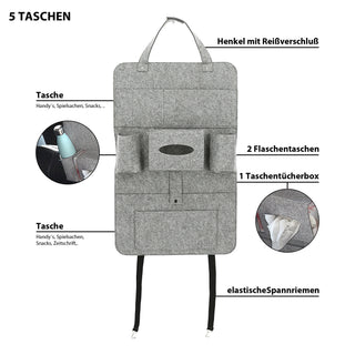 Auto Organizer Filz 41x65cm hell-/grau/anthrazit Klettverschluss Spannriemen Taschen Rücksitztasche Multitasche Multipocket