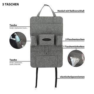 Auto Organizer Filz 41x65cm hell-/grau/anthrazit Klettverschluss Spannriemen Taschen Rücksitztasche Multitasche Multipocket