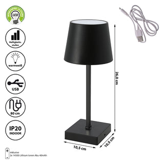 LED Tischleuchte schwarz 10,5x26cm Touchfunktion USB Kabel Helligkeitsstufen Dekolampe Tischbeleuchtung