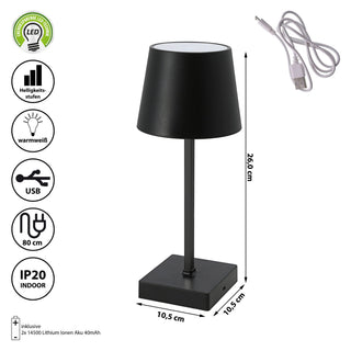 LED Tischleuchte schwarz 10,5x26cm Touchfunktion USB Kabel Helligkeitsstufen Dekolampe Tischbeleuchtung