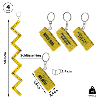 Schlüsselanhänger 4er Set Zollstock 4 Sprüche weiß/gelb 6,5x1,3x2,4cm Maßstab Schlüsselring Meterstab Anhänger