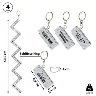 Schlüsselanhänger 4er Set Zollstock 4 Sprüche weiß/gelb 6,5x1,3x2,4cm Maßstab Schlüsselring Meterstab Anhänger